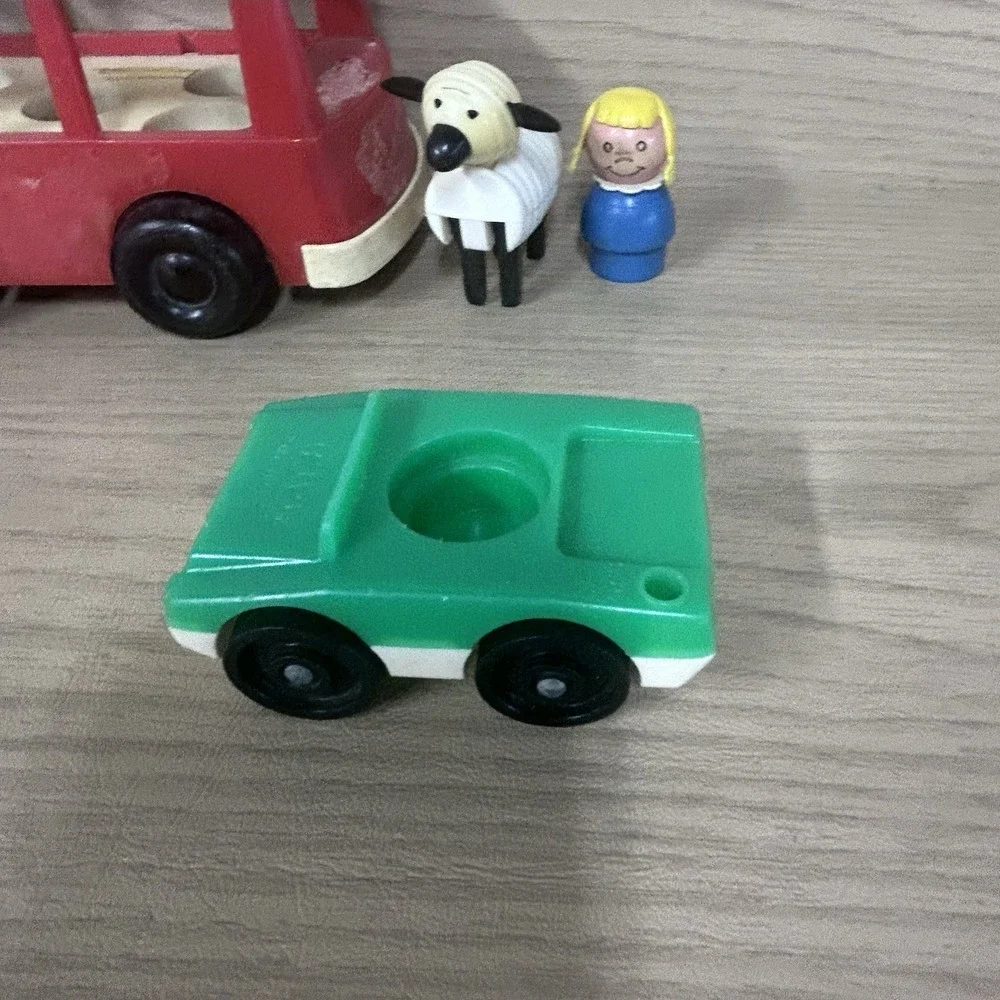 Classic Vtg Fisher Price Little People Car Mini-Bus Wood Girl Lamb 4 Piece Lot